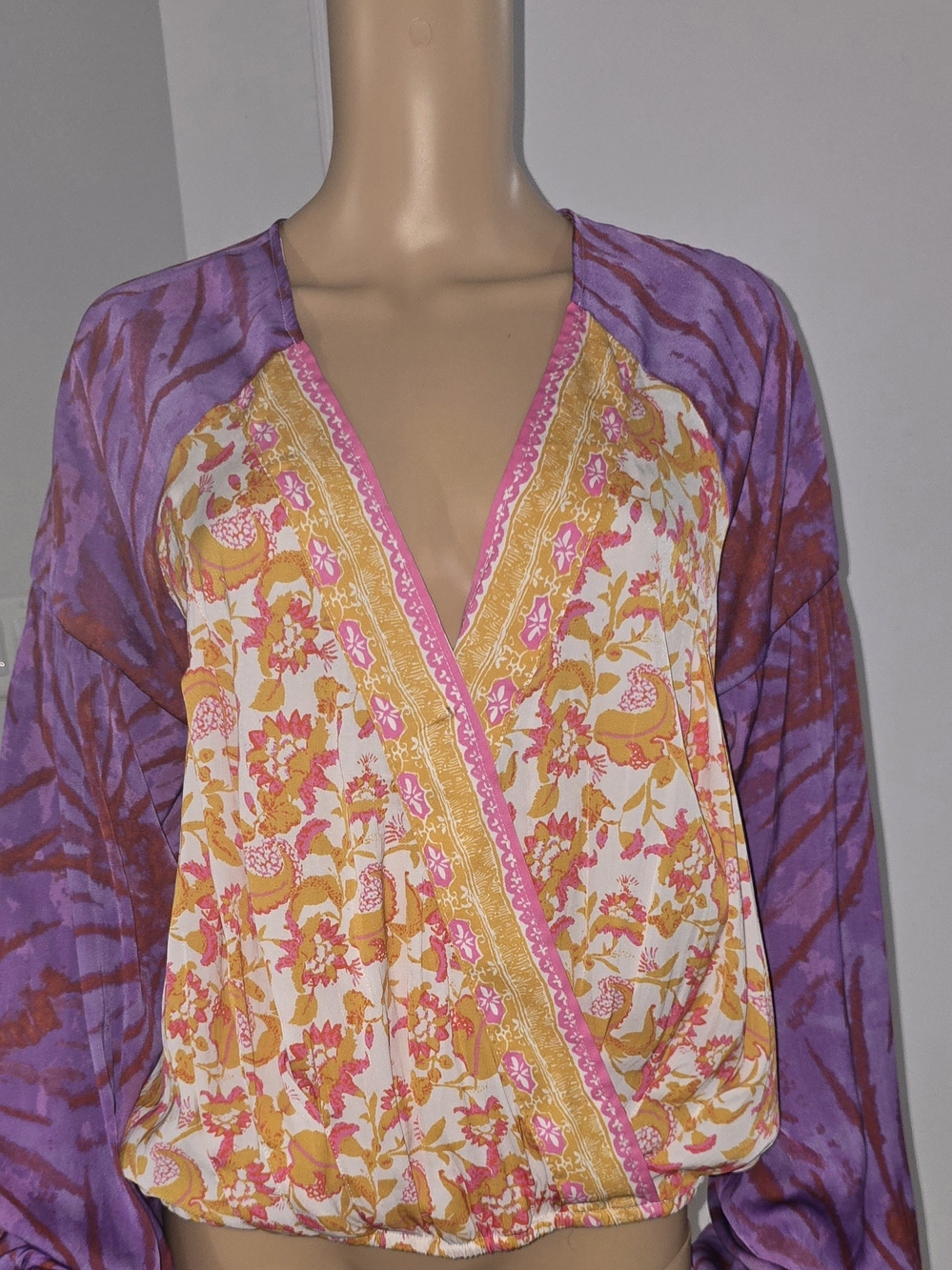 Free People Colorblock Floral Wrap Top in Purple, Pink & Gold